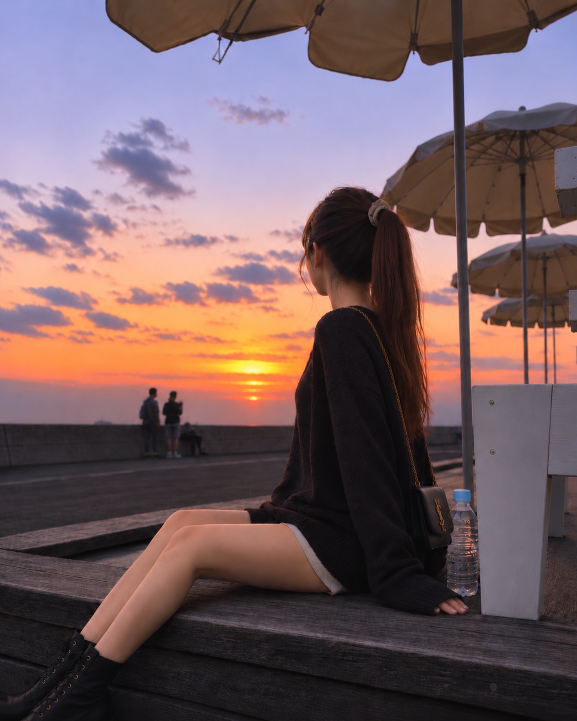 夕暮れの海辺を眺めながら座る、ポニーテール姿のれなち
